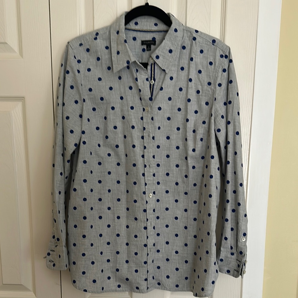 Talbots Gray Shirt with Blue Dots